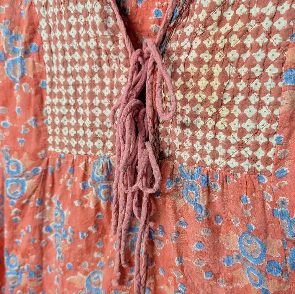 Boho Floral Quilted Embroidered Lace-Up Blouse Tunic - Coral and Blue